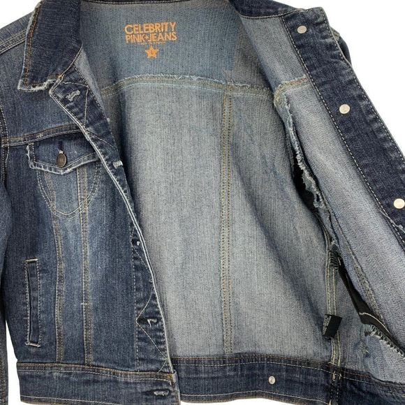 Womens Celebrity Pink Denim Jacket Size L Distress Crop Stretch 2350 EUC Dark - Picture 9 of 11
